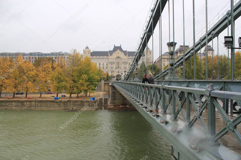 Szechenyi Chain Bridge on a rainy day. Budapest Hungary