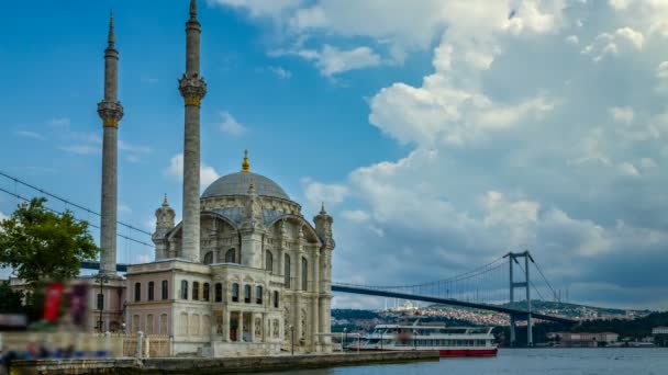 Стамбульский Пейзаж Туристический Центр Стамбула Ortakoy Mosque Bosphorus Bridge View — стоковое видео