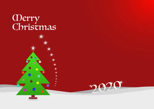 Szablon kartki świąteczne z zielonym drzewem z piłkami, klatką schodkową i świątecznymi i 2020 etykietami w języku angielskim — Zdjęcie stockowe