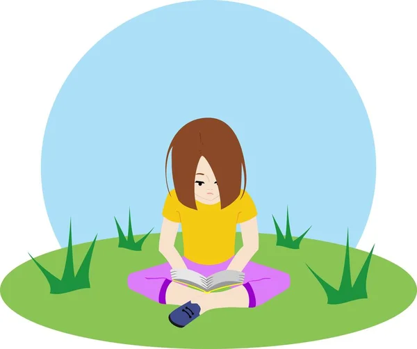 Illustration Shows Girl Who Reading Book Lawn — Stock Vector