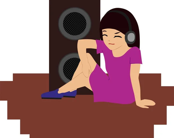 Рисунке Изображена Девушка Сидящая Полу Слушающая Музыку Наушниках — стоковый вектор