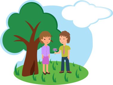 Çocuk kızı bir buket çiçek verir.