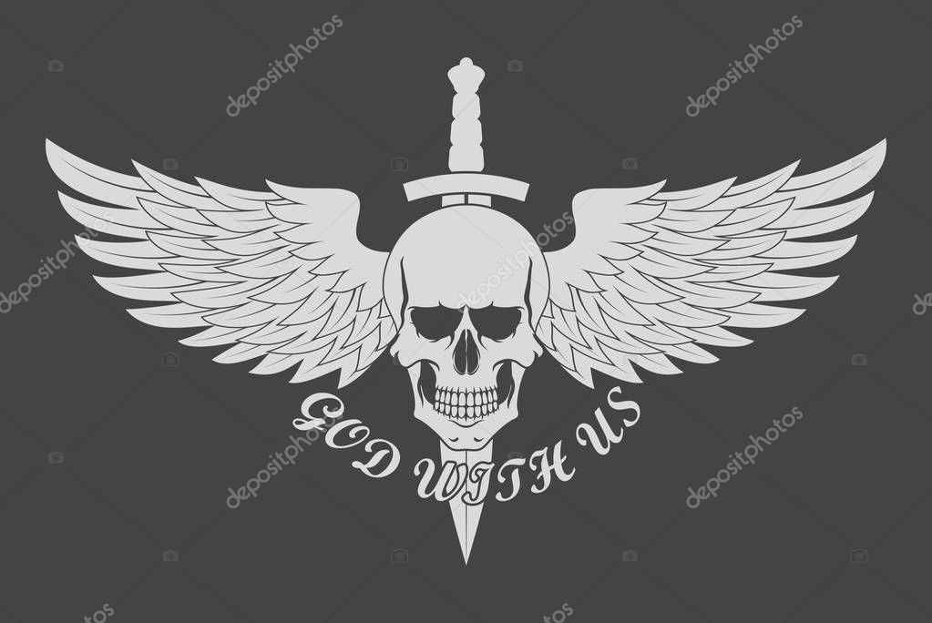 Skull with wings and sword and text. God with us