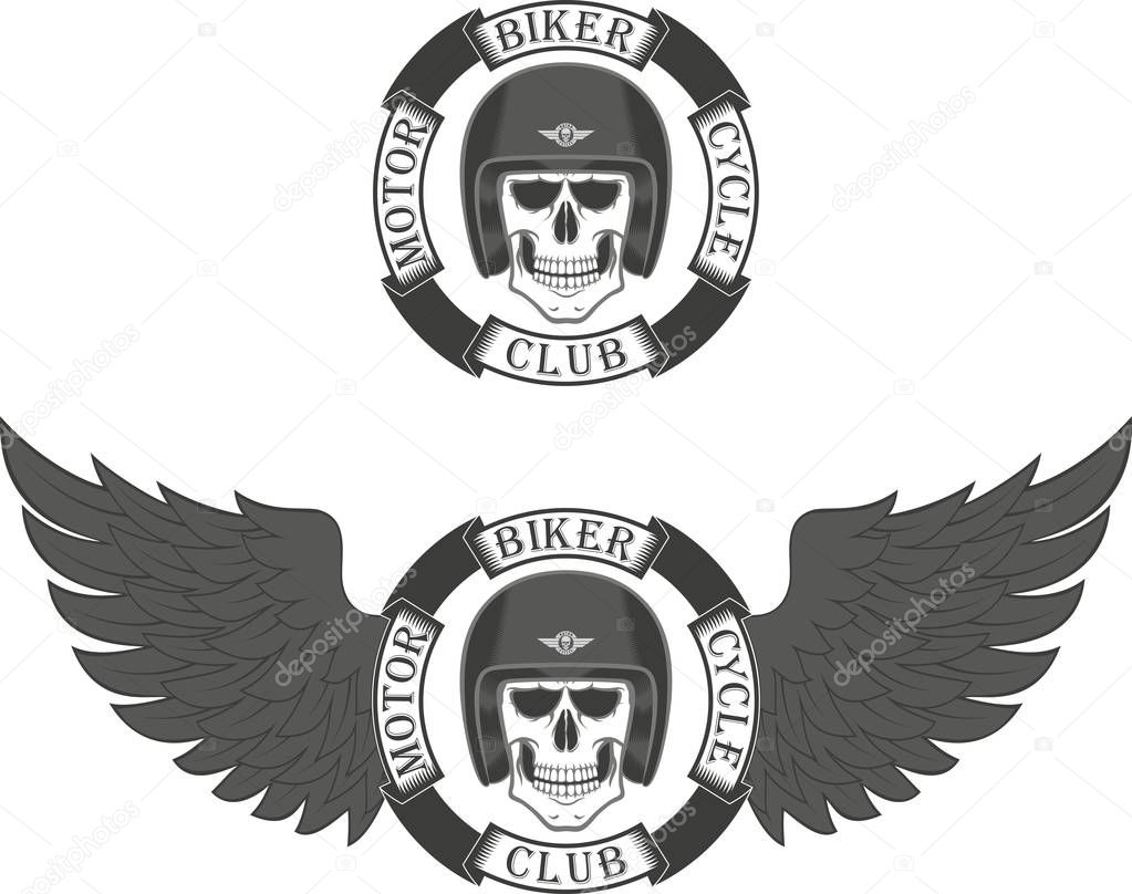 Skull biker in helmet helmet and banner with text and wings. Biker club.