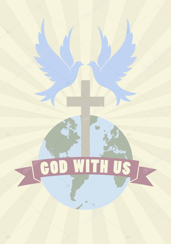 Color illustration in vintage style on the theme of religion. Doves globe and banner with text