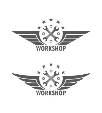 Bir atölye logosu siyah ve beyaz Illustration. Bir yıldızın ve metnin çapraz tuşları kanatları