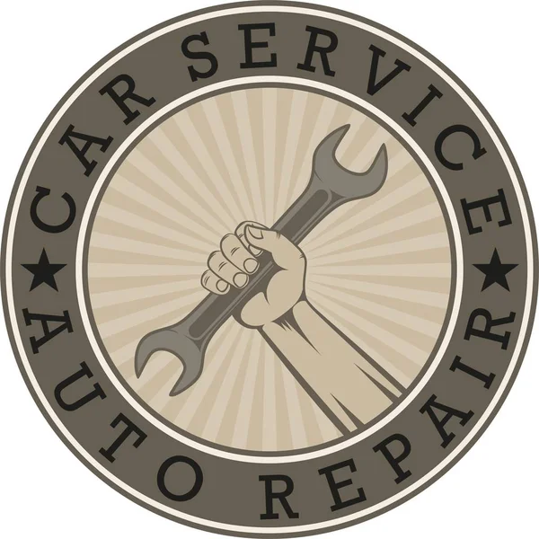 Emblema Officina Riparazione Auto Servizio Chiave Mano Testo — Vettoriale Stock
