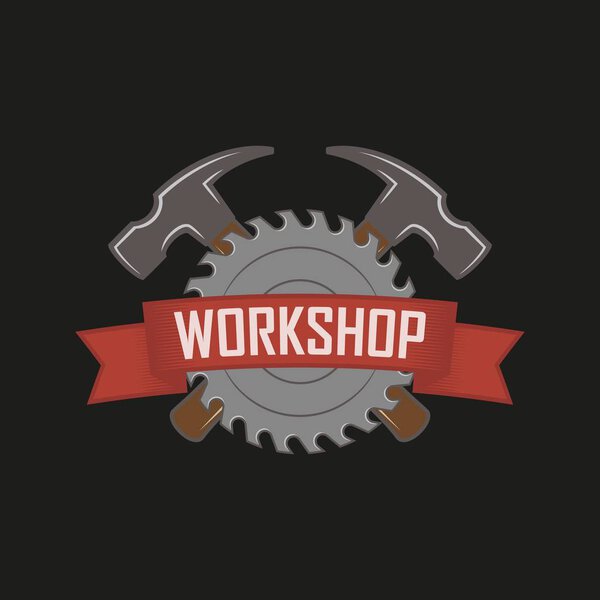 Color logo workshop. Crossed hammers, circular saw and banner with text