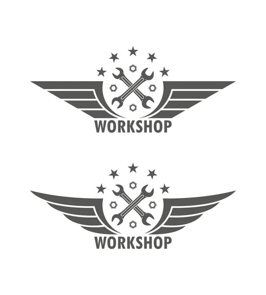 Ασπρόμαυρη Απεικόνιση Ενός Λογότυπου Συνεργείου Σταυρωτά Πλήκτρα Φτερά Ενός Αστεριού — Διανυσματικό Αρχείο