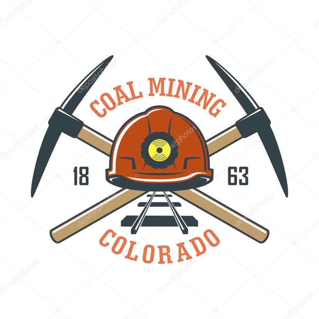 Color illustration of a coal mining company logo. Vector illustration of pickaxe, helmet with lantern, railway and banner with text on a white background
