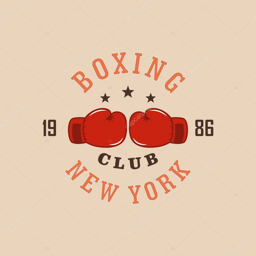 Color illustration of boxing gloves, text. Vector illustration on a sports theme. Boxing club logo
