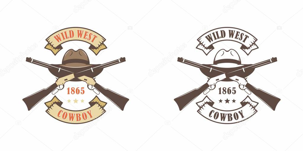 Set of color illustrations cowboy hat, crossed guns, ribbon with text on a white background. Vector illustration on a wild west theme. American Western. Illustration for stickers.