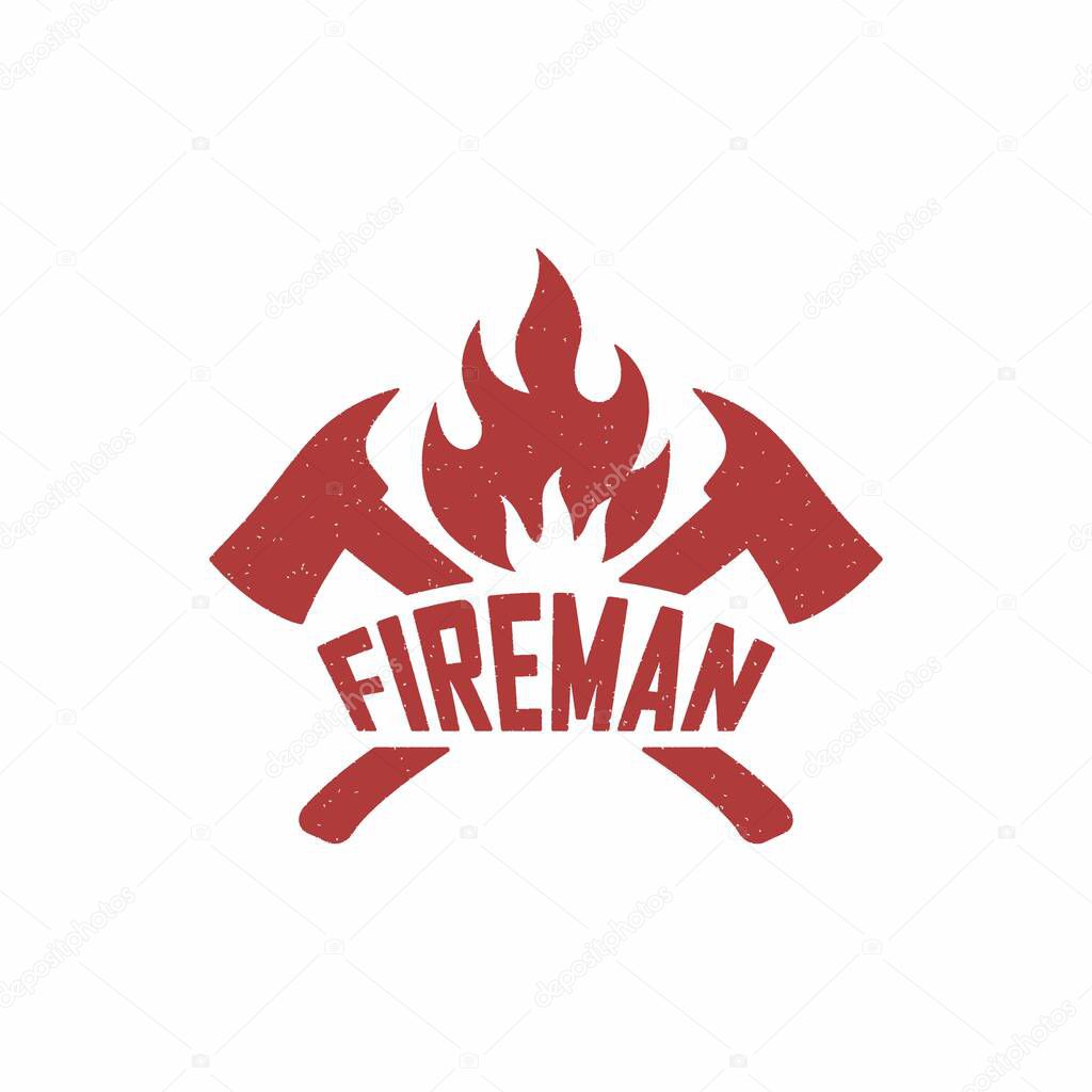 Color illustration of text, crossed axes, fire on a white background. Vector illustration of a firefighter logo in vintage style with grunge texture.