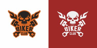 Kafatasının renk çizimleri, arka planda çapraz piston, ateş ve metin. Vintage stil motorcu logosu içinde vektör illüstrasyonu. Çıkartmalar ve dövmeler için resim.