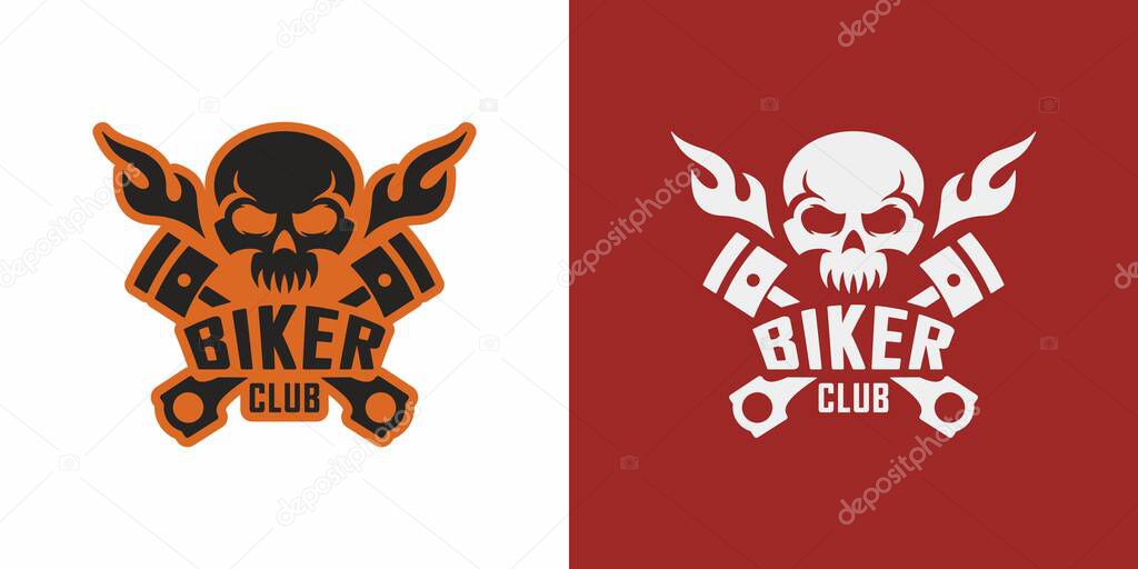 Set of color illustrations of a skull, crossed piston, fire and text on the background. Vector illustration in vintage style biker club logo. Illustration for stickers and tattoo.