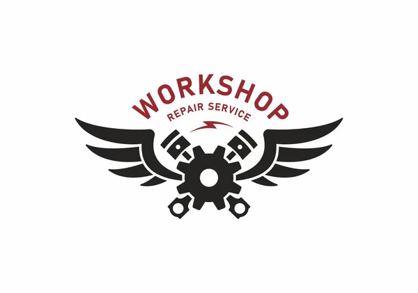 Dişli çarkının renkli çizimi, çapraz piston, kanatlar ve beyaz arkaplanda yazı. Vektör illüstrasyonu tamir hizmetleri sunar. Otomotiv ve motosiklet atölyesi logosu.