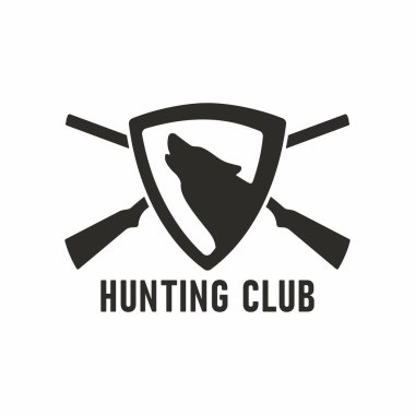 Bir kurdun renkli çizimi, çapraz silahlar, kalkan ve beyaz bir arkaplanda yazı. Eski tarz vahşi hayvanları avlamada vektör illüstrasyonu. Av kulübü logosu.