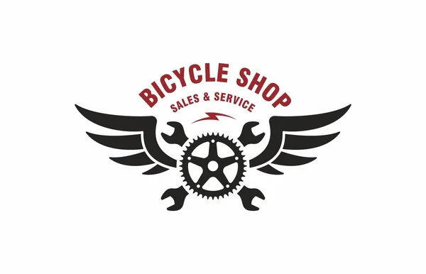 交叉扳手 自行车齿轮 白色背景上的红色文字的彩色插图 矢量图解为自行车的销售和服务做广告 单车店标志 — 图库矢量图片