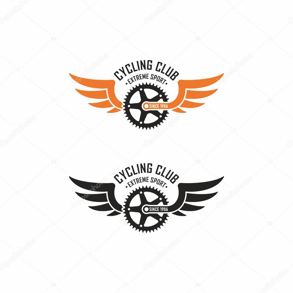 Set of color illustrations of bicycle gear, wings, text on a white background. Vector illustration advertises extreme sports and mountain biking travel. Cycling club logo.