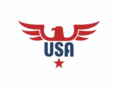 Kartal, yazı ve yıldızın renkli çizimi. Beyaz arka planda kırmızı ve mavi çizimler. Vektör illüstrasyonu ABD 'nin sembolünü tasvir eder. Özgürlük ve demokrasinin sembolü.