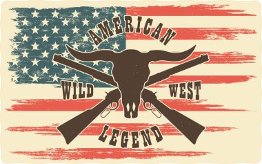 Boğa kafatası, silah, Amerikan bayrağı ve metnin renkli çizimi. Vahşi Batı teması üzerine grunge desenli vintage tarzında vektör illüstrasyonu. Amerikan Western.
