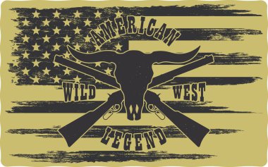 Bufalo kafatası, silah, Amerikan bayrağı ve metnin renkli çizimi. Vahşi Batı teması üzerine grunge desenli vintage tarzında vektör illüstrasyonu. Amerikan Western.