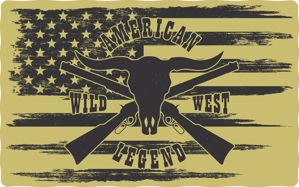 Bufalo kafatası, silah, Amerikan bayrağı ve metnin renkli çizimi. Vahşi Batı teması üzerine grunge desenli vintage tarzında vektör illüstrasyonu. Amerikan Western.