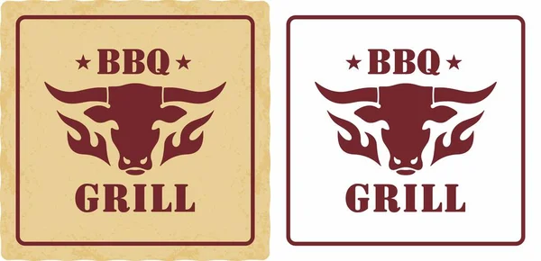 Logo ve amblem için yıldızlı boğa, ateş ve metin renkleri. Arkaplanda grunge desenli vintage tarzında vektör illüstrasyonu. Reklam mangalı, ızgara.