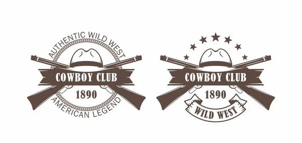 一组牛仔帽的彩色插图 交叉枪 带文字和套索 用于印刷品 标志和标签的矢量插图 说明美国西部的主题 牛仔俱乐部标志 — 图库矢量图片
