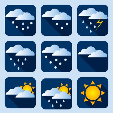 Modern hava ikonları ayarlandı. Koyu arkaplanda düz vektör simgeleri.