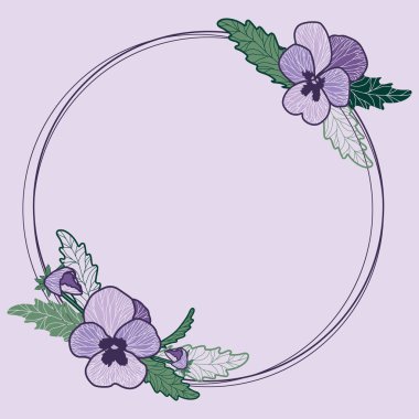 Mor pancy ve yeşil yaprakları ile romantik tarzı daire vektör çerçeve.