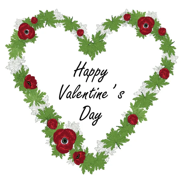 Cadre Floral Heart avec anémone rouge et feuilles vertes. Illustration vectorielle. Valentine s day card . — Image vectorielle