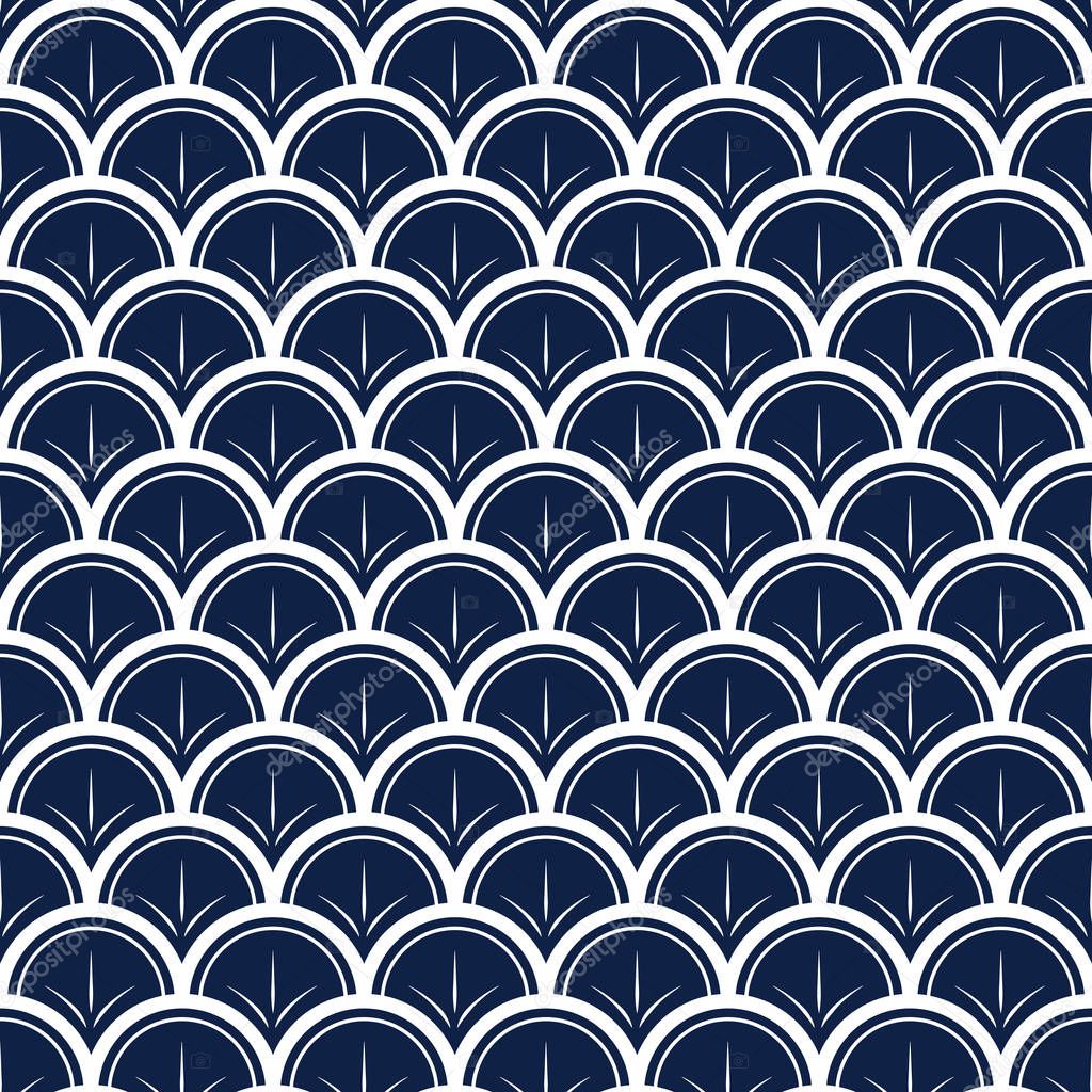 Waves with lines on blue background vector repeat seamless pattern. Water curve texture.