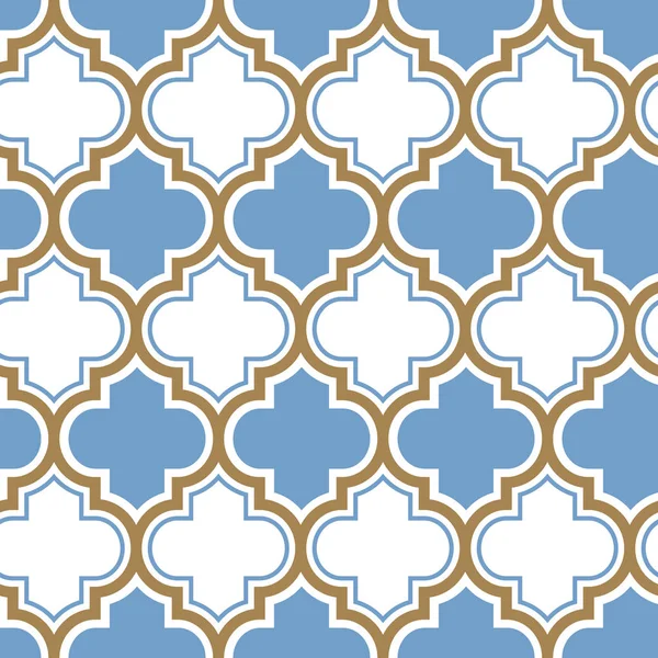 Vector moroccan repeat seamless pattern. Light blue, gold beige line on white background. — Stock Vector