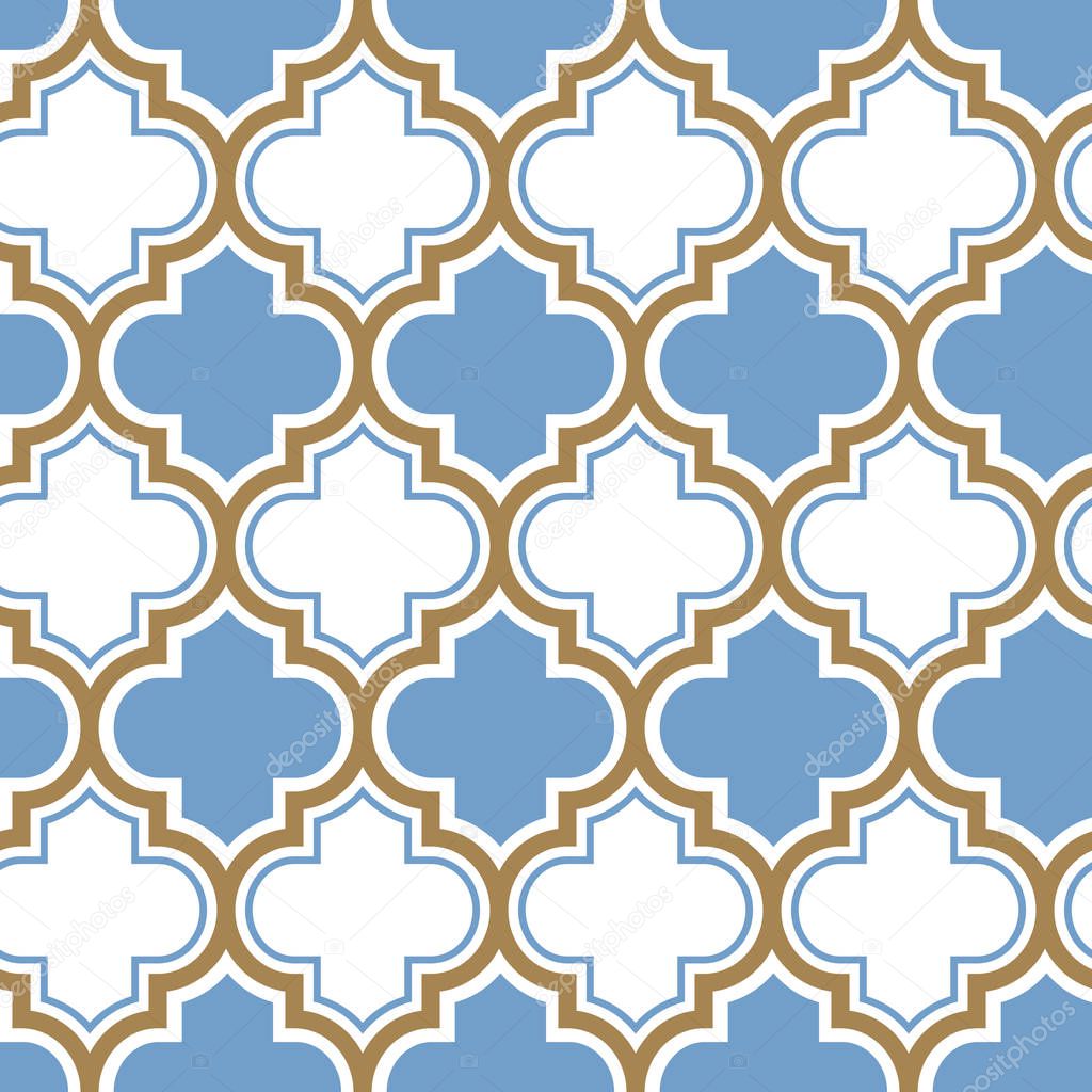 Vector moroccan repeat seamless pattern. Light blue, gold beige line on white background.