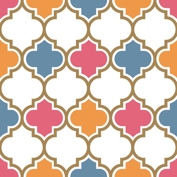 Vector moroccan repeat seamless pattern. Pink, yellow and blue with gold beige line on white background. — Stock Vector