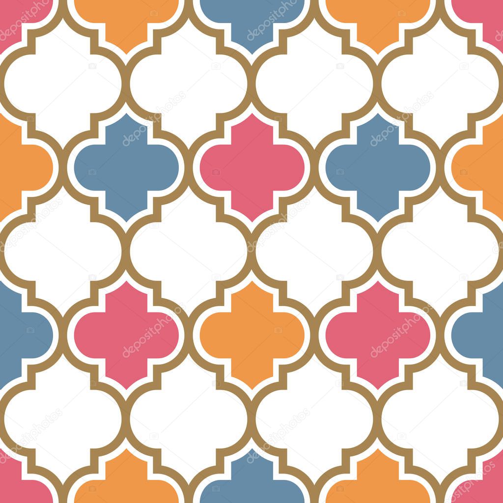 Vector moroccan repeat seamless pattern. Pink, yellow and blue with gold beige line on white background.