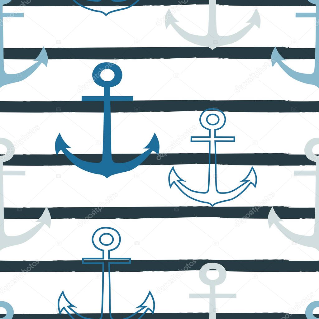 Vector blue anchors repeat seamless pattern on white whith grey strip background.