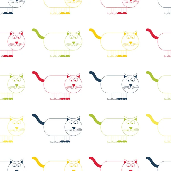 Vector colorful cute cartoon cat repeat seamless pattern. Blue, pink, yellow and green cat on white background.