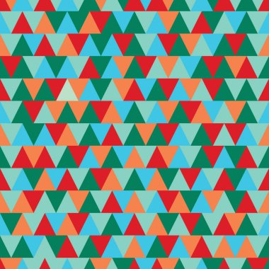 Renkli üçgenler. Vektör sorunsuz tekrar arka plan. Geometrik Soyut doku. Yeşil, kırmızı, turuncu ve mavi üçgenler. Yüzey deseni.