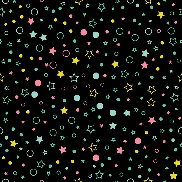 Nahtloses Vektormuster mit mehrfarbigen Sternen, Kreisen und Punkten auf schwarzem Hintergrund. — Stockvektor