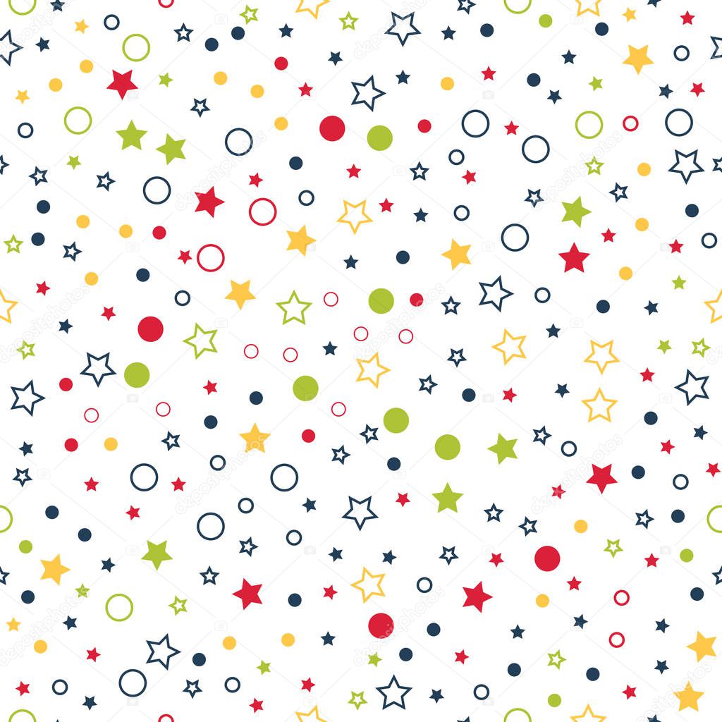 Seamless vector pattern with multicolor stars, circles and dots on white background.
