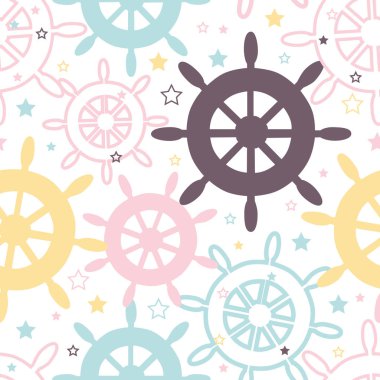 Vektör pastel renk çarkları ve beyaz arka plan üzerinde küçük yıldız ile seamless modeli yineleyin. Büyük bir tekstil baskı, yeni yıl eğlencesi daveti veya ambalaj olarak.