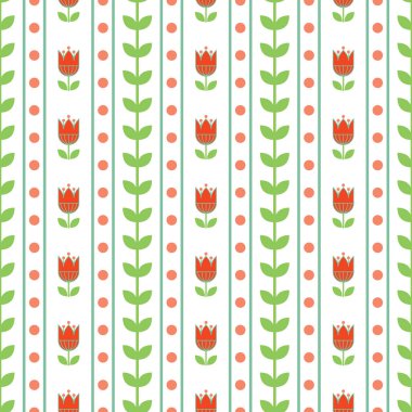 Yaprakları ve çiçek vektör tekrarlamak Dikişsiz deseni. Kırmızı ve mavi çiçekler, mavi çizgiler, yeşil yaprakları ve beyaz arka planda Pembe noktalar ile çizgili desen.