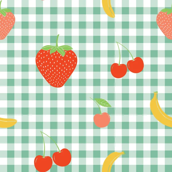 Vektor wiederholen nahtlose Muster von mehrfarbigen Erdbeeren, Kirschen, Bananen auf blau kariertem Hintergrund. Vektorillustration — Stockvektor