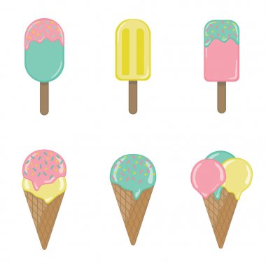 Beyaz arka plan üzerinde izole 6 vektör dondurma çizimler topluluğu.