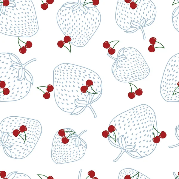 Motif vectoriel sans couture avec des cerises sur fond de fraise bleu et blanc . — Image vectorielle