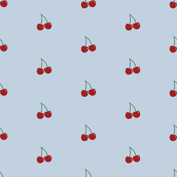 Vector seamless pattern with cherries on light blue background.