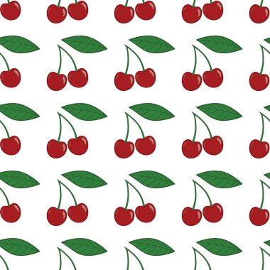 Beyaz arka plan üzerinde kiraz ve yaprakları ile Vektör dikişsiz desen.