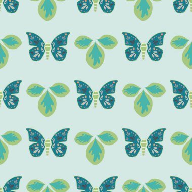 Vektör tekrar Dikişsiz desen yaprakları ve kelebekler ile.